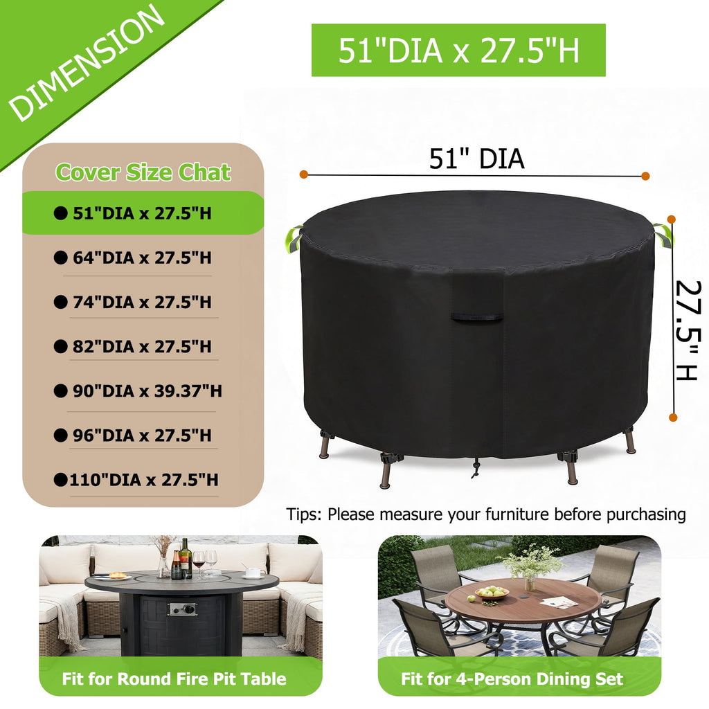 Round Patio Furniture Covers, 51" Dia Waterproof Round Outdoor Table Cover