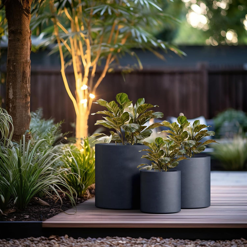 Set of 3 Charcoal Concrete Cylinder Planters 15.8" 12.9" 15.8" Dia | Drainage for Outdoor, Rubber Plug for Indoor