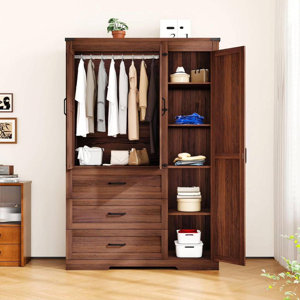 70" Tall Wardrobe Closet with 3 Doors & 3 Drawers, Farmhouse Armoire with Hanging Rod, Wooden Armoire Wardrobe Closet