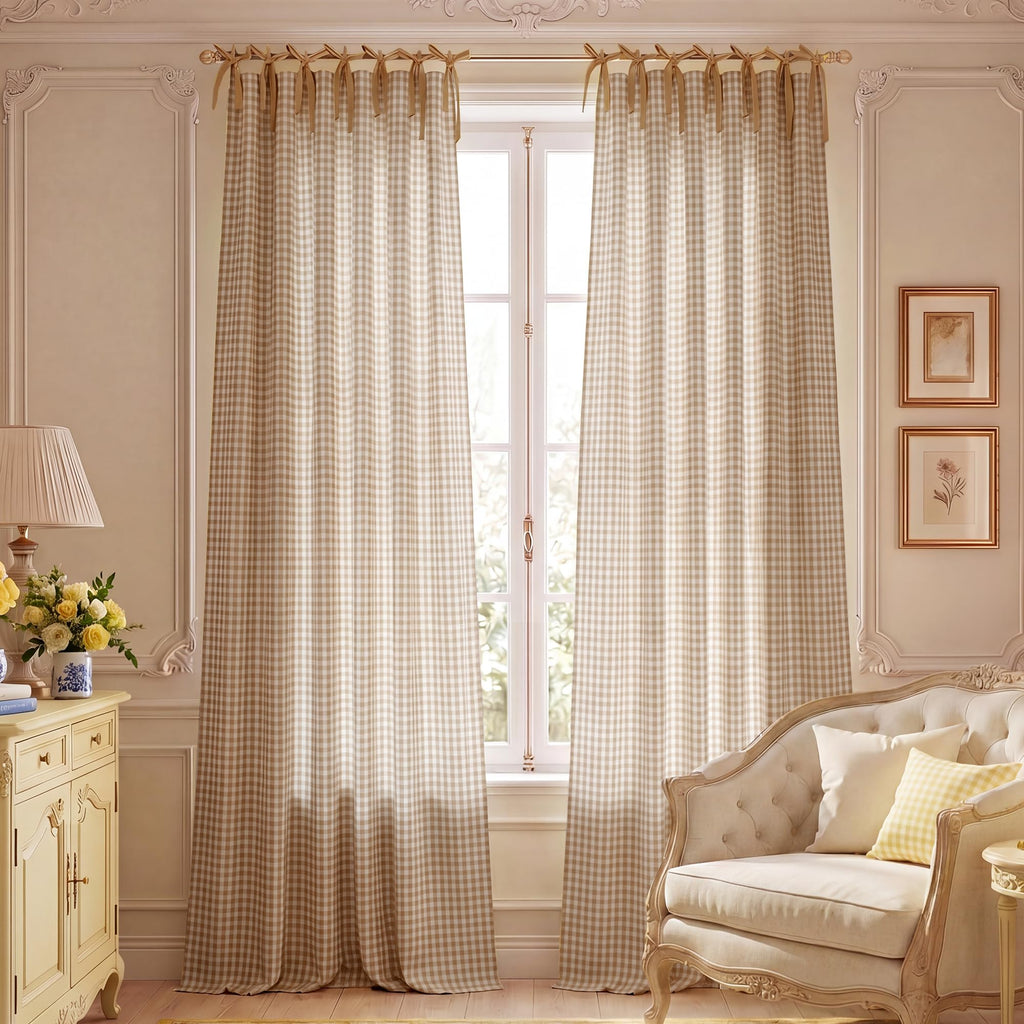 Linen Blend Taupe Gingham Curtains, Tie Top Bow Knot Home Decor Checkered Drapes Farmhouse Semi Sheer Plaid Window