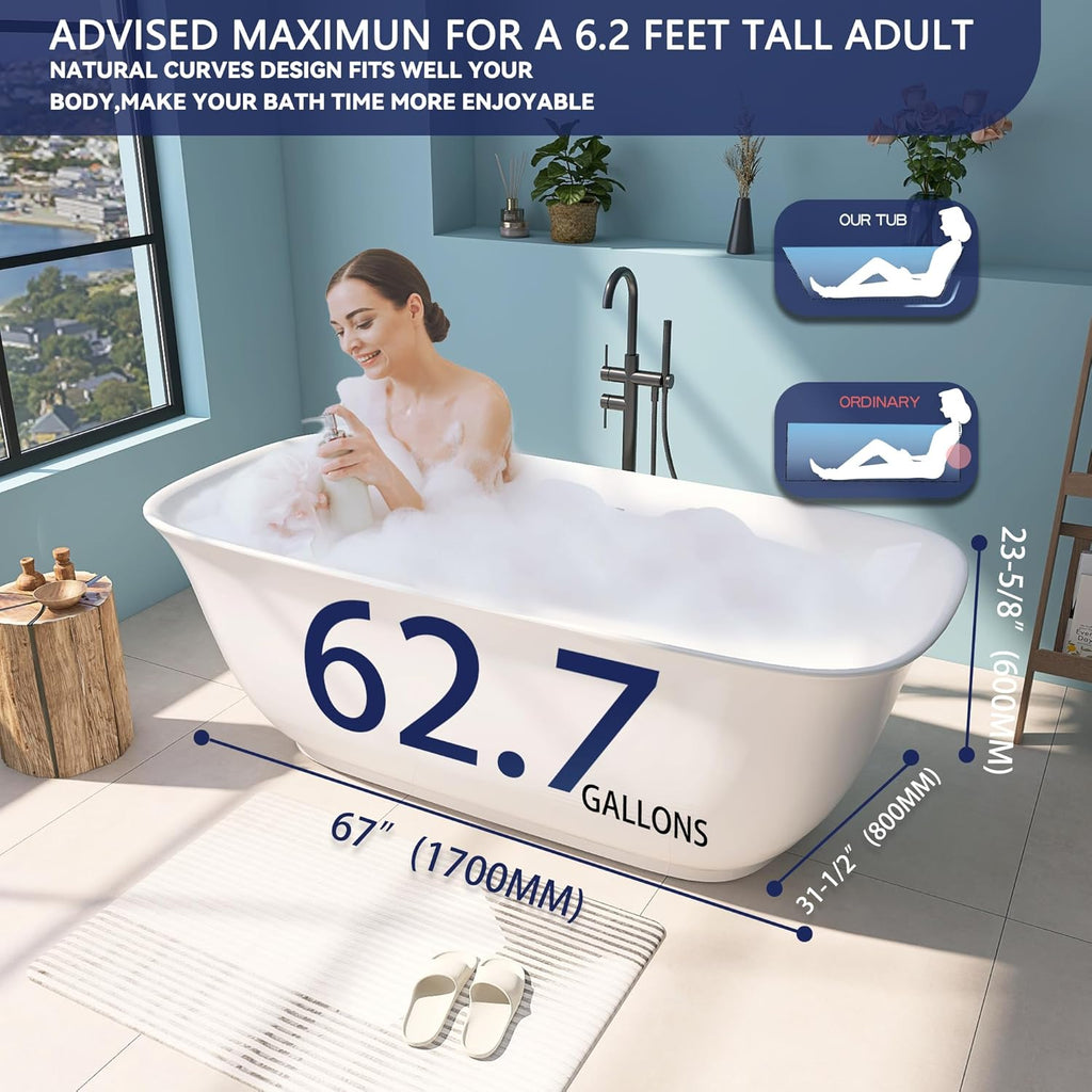 67" Acrylic Free Standing Tub, Stand Alone Tub, Freestanding Bathtub, Soaking Bathtub, cUPC Certified, PE(Glossy White)