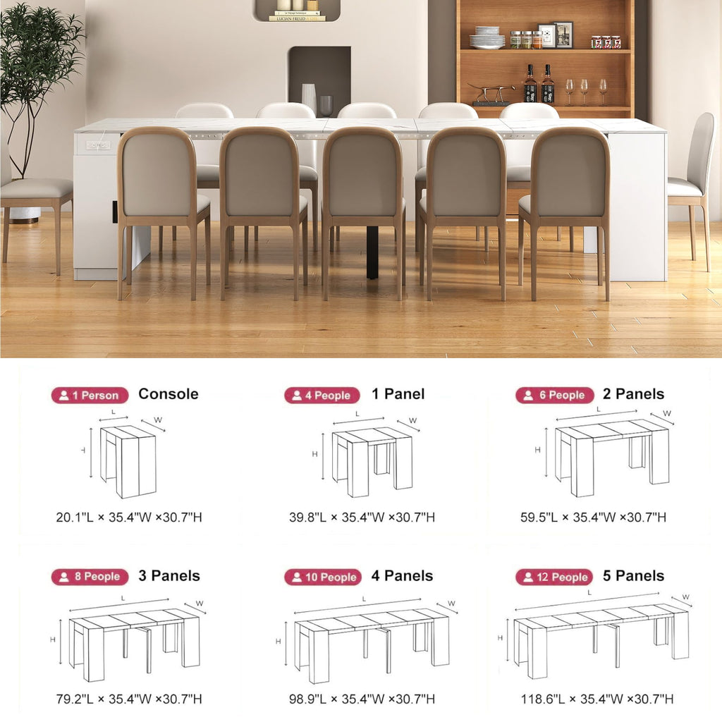 Expandable Dining Table, Folding Console Table with Built-in Outlet & Hidden Storage, Space Saving Furniture, White