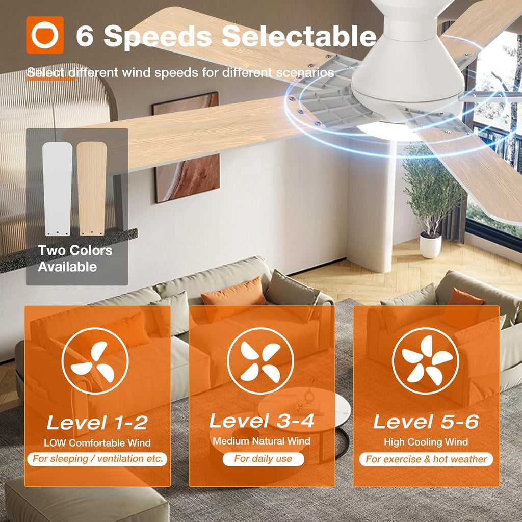 Ceiling Fans with Lights, 52 inch Low Profile Ceiling Fan with Light and Remote Control, Flush Mount, Reversible, 3CCT, Dimmable, Noiseless, White Ceiling Fan for Bedroom, Indoor/Outdoor Use A103-B0CLNNMX79