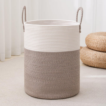 Basket Hamper Tall Rope Storage Woven for Blanket toys Dirty Clothes Bathroom Bedroom (White&Brown, 100L/26.4Gal)