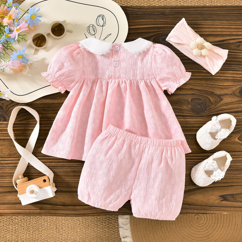 Baby Girl Summer Outfits Smocked Tops Shorts Set With Headband