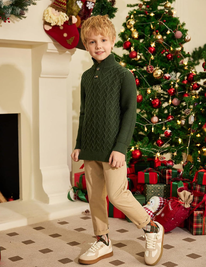 Boys Turtleneck Cable Knit Sweater Long Sleeve Button Up Pullover
