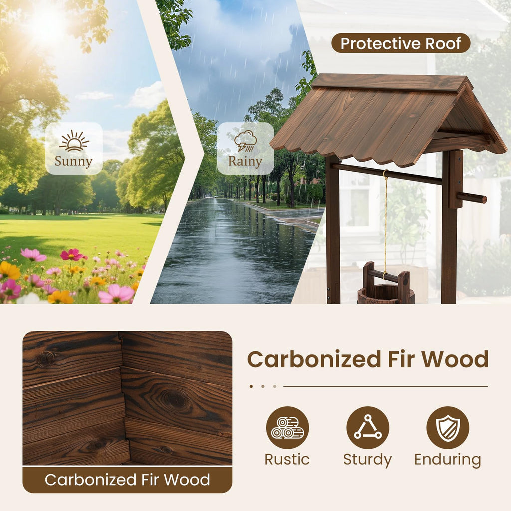 Wooden Wishing Well Outdoor, Wishing Well Planter with Hanging Bucket, Outside Rustic Decorations for Garden Yard &