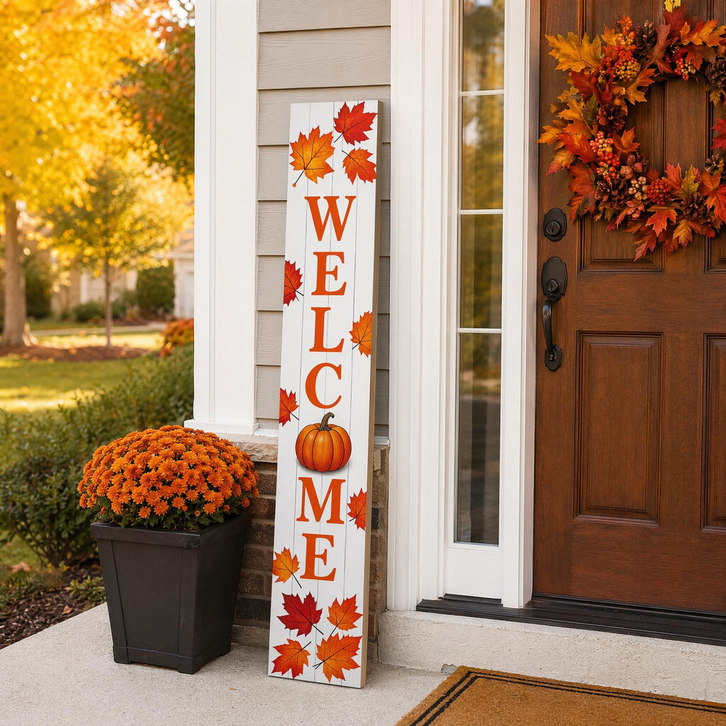 Fall Welcome Porch Sig 47" Tall Vertical Wooden Sign with Pumpkin Maple Leaves Farmhouse Rustic Autumn Thanksgiving