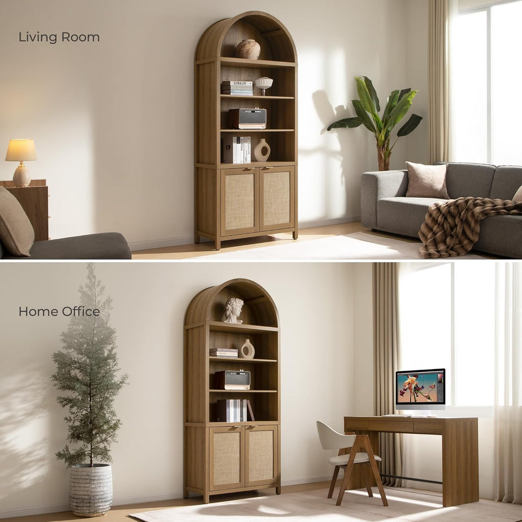 84.2" Tall Arched Bookcase with Doors - 5 Tier Rattan Bookshelf | Boho Arched Cabinet Large Book Shelf Case with