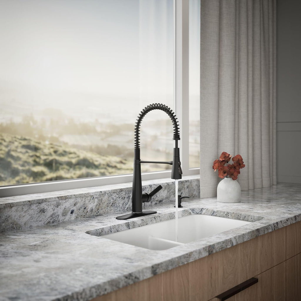 Semi-Pro Kitchen Sink Faucet with Soap Dispenser | REC22745-SD-BL, Commercial Kitchen Faucets with Pull Down Sprayer