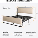 Queen Platform Metal Bed Frame with Curved Upholstered Headboard and Footboard, Large Under Bed Storage