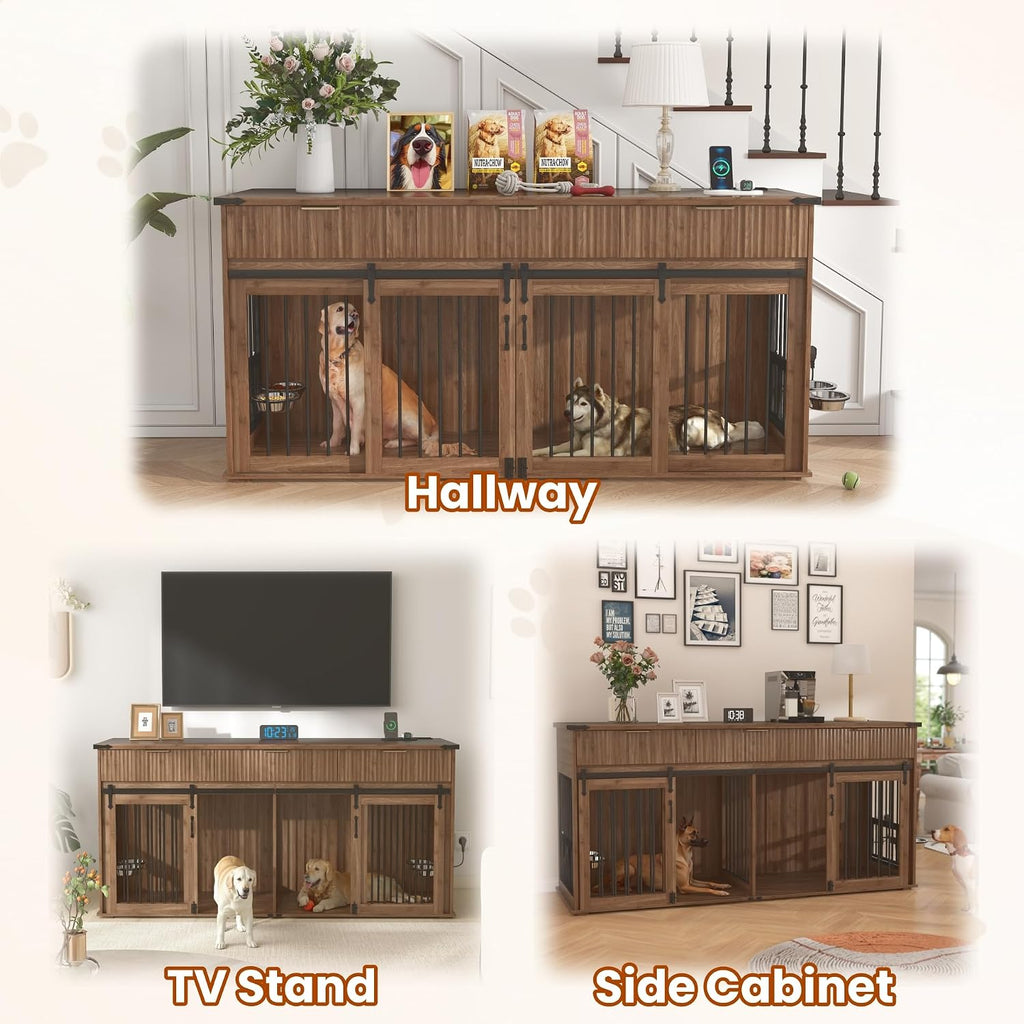 71" Dog Crate Furniture for 2 Dogs, Heavy Duty Large Dog Kennel with 3 Fluted Drawers, Waterproof Tabletop, Type-C