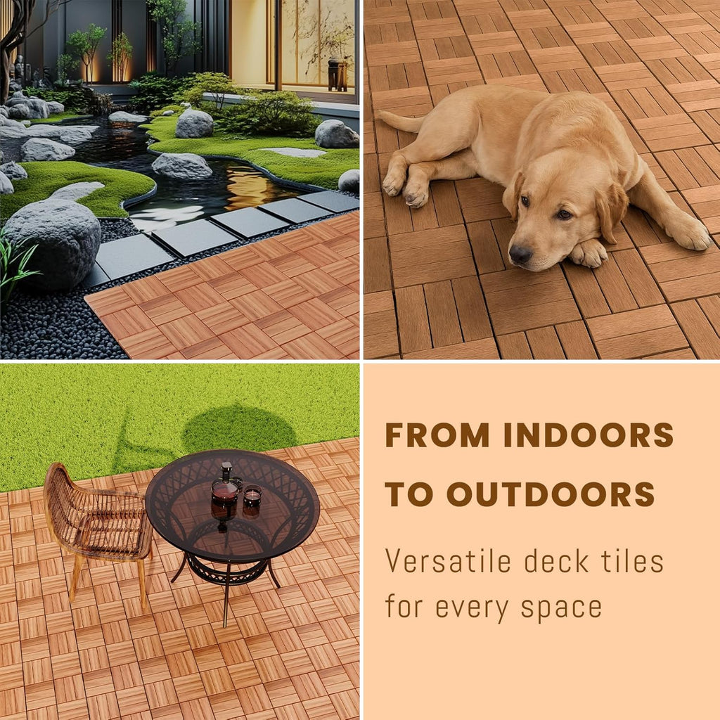 Solid Gold Acacia Wood Interlocking Deck Tiles - Waterproof Snap Together Patio Flooring for All Weather Use on