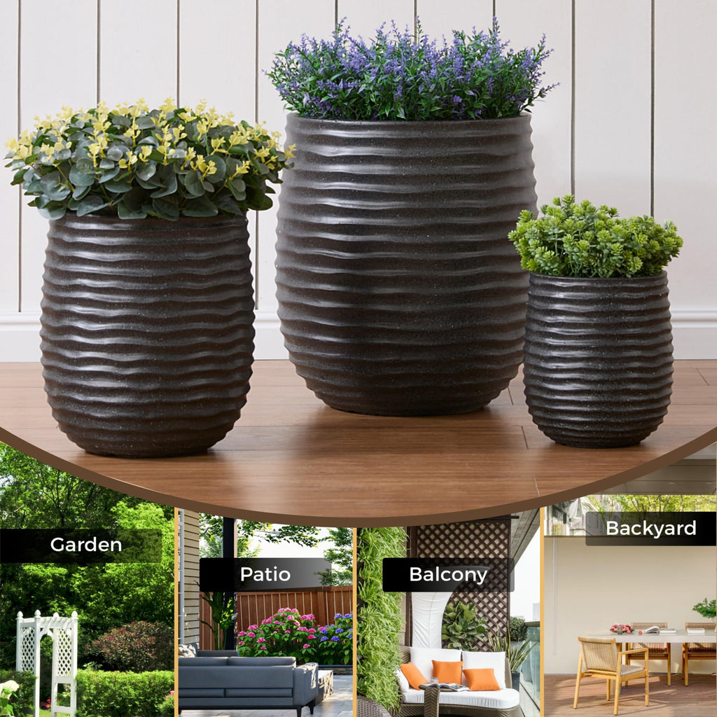 15"+11"+7.9" Dia Concrete Planter Set of 3, Wavy Textured Black Flowerpot