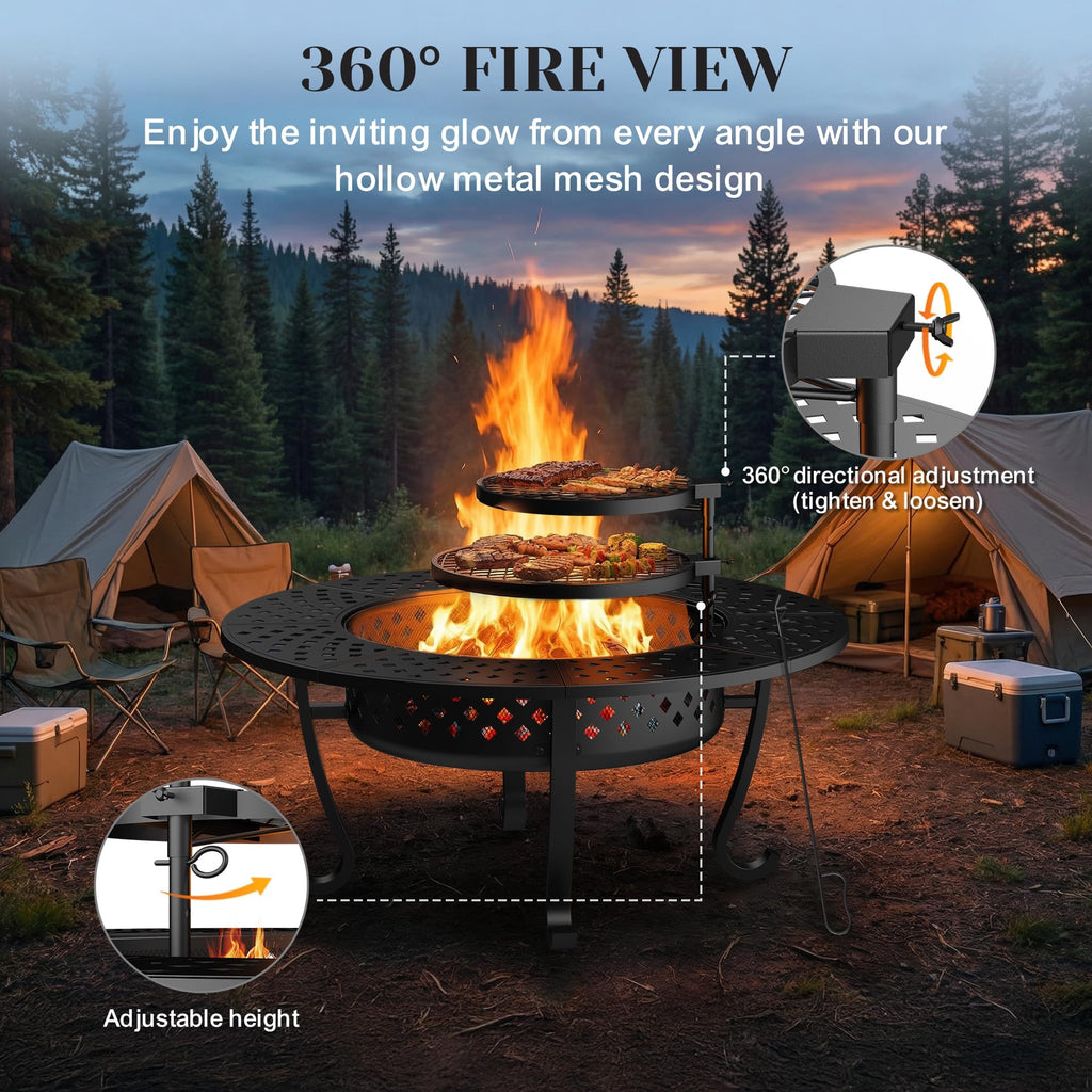 43" Fire Pit, Firepit with Adjustable 2 Grills & Lid & Fire Poker