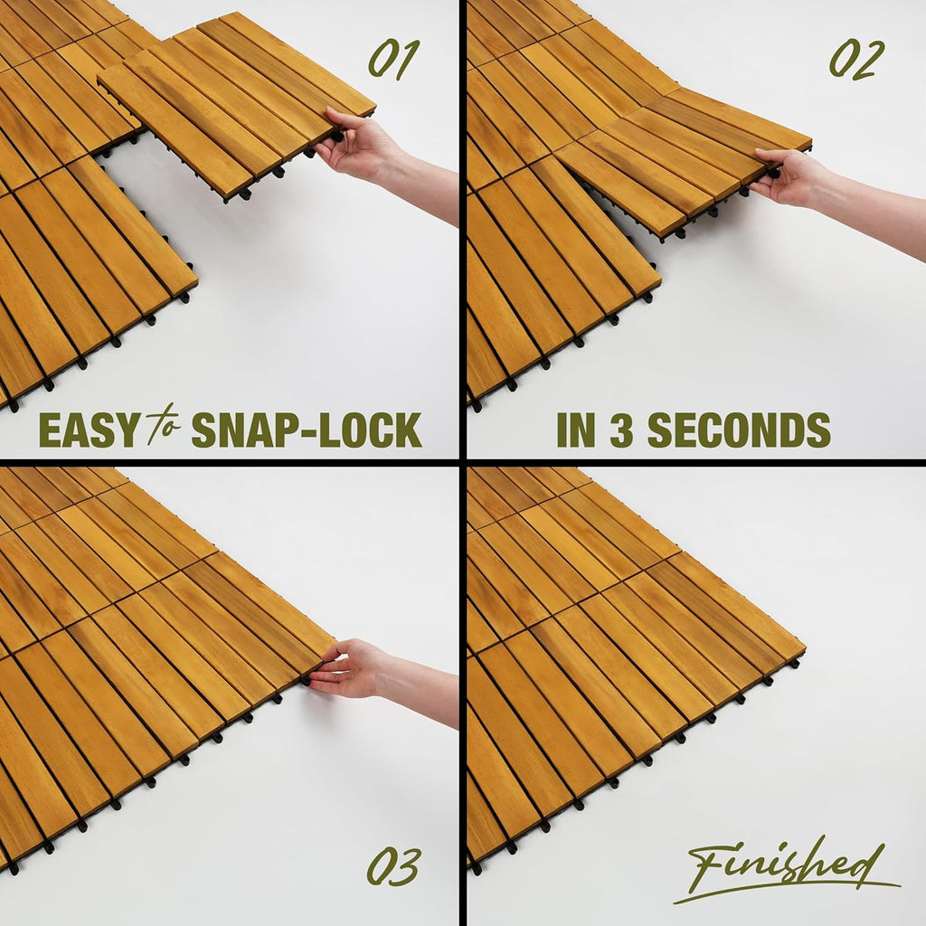 Premium Acacia Wood Interlocking Deck Tiles, 9 PCS 12"x12"x0.9" Floor Tiles, Waterproof Wood Flooring for Backyard &