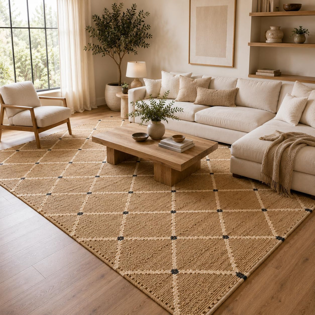 Hand Woven Jute Rug 9'x12' Area Rug - Rectangular Handcrafted Premium Geometric Design, Reversible Natural Fiber Rugs