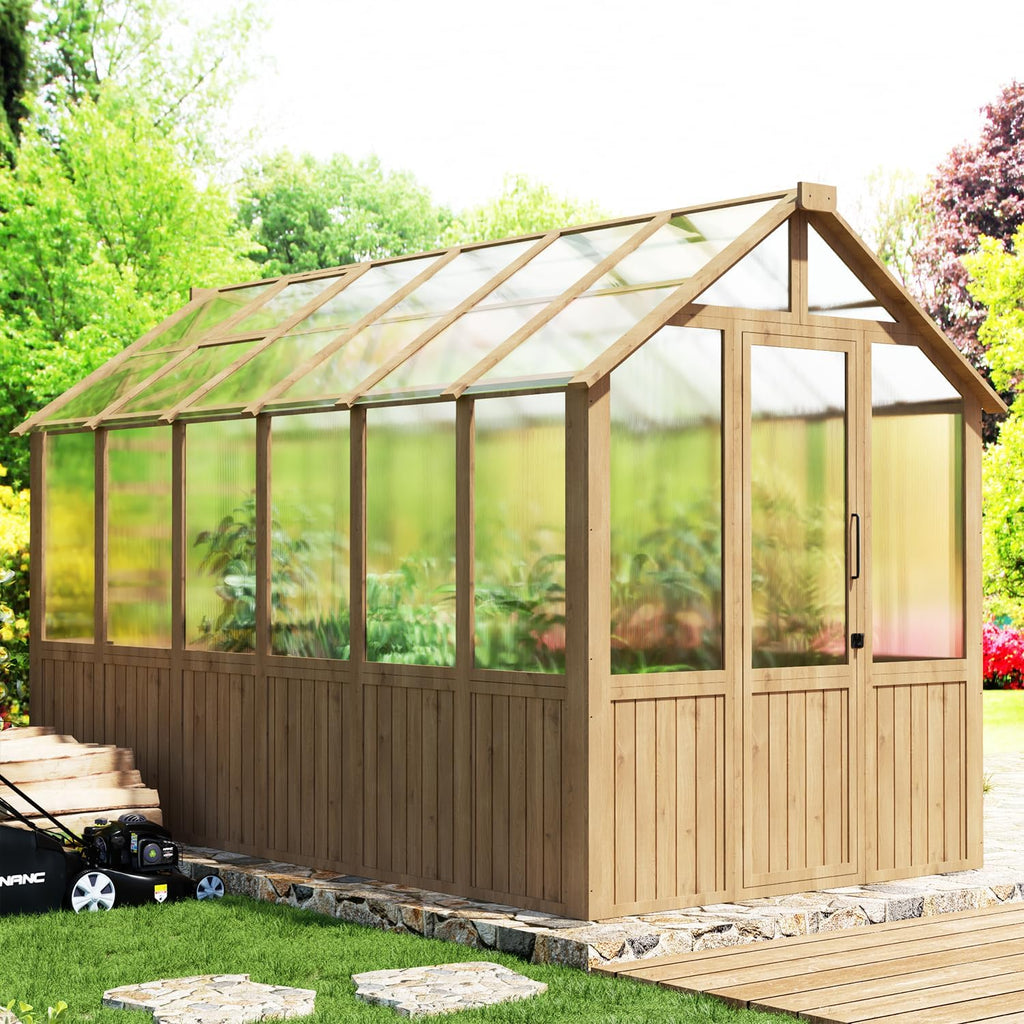 6x12FT Greenhouse ,Wooden Green House for Outdoors with Natural Wood Frame and Polycarbonate Panel, Walk-in