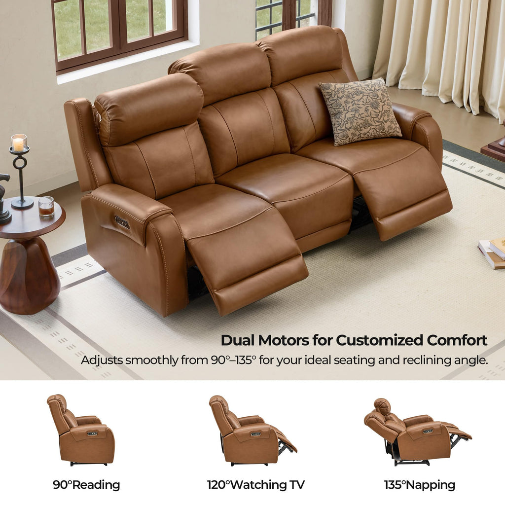 Genuine Leather Power Recliner Sofa, 3 Seater Reclining Sofa, Saddle