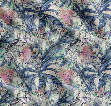 Cotton Voile Blue Fabric - by The Yard - 56 Inch Wide - Flower & Leaves Watercolor Palette Material - Botanical and