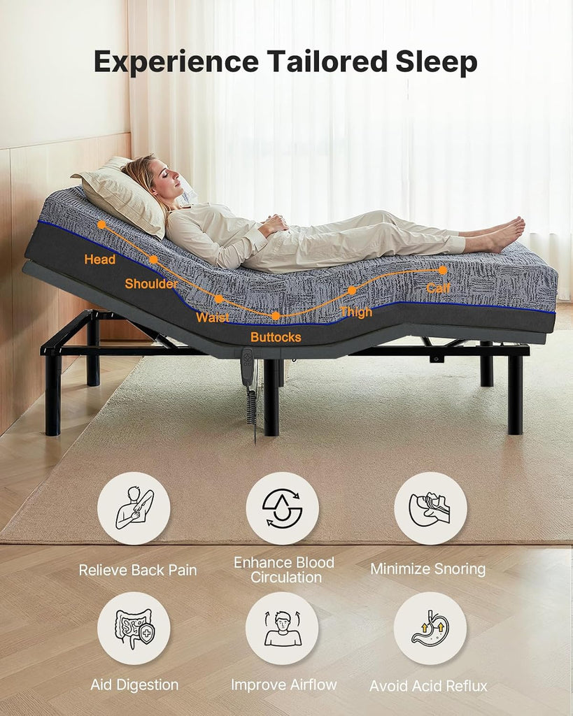 Amada King Adjustable Bed Frame with Head and Foot Incline, Quiet Motor