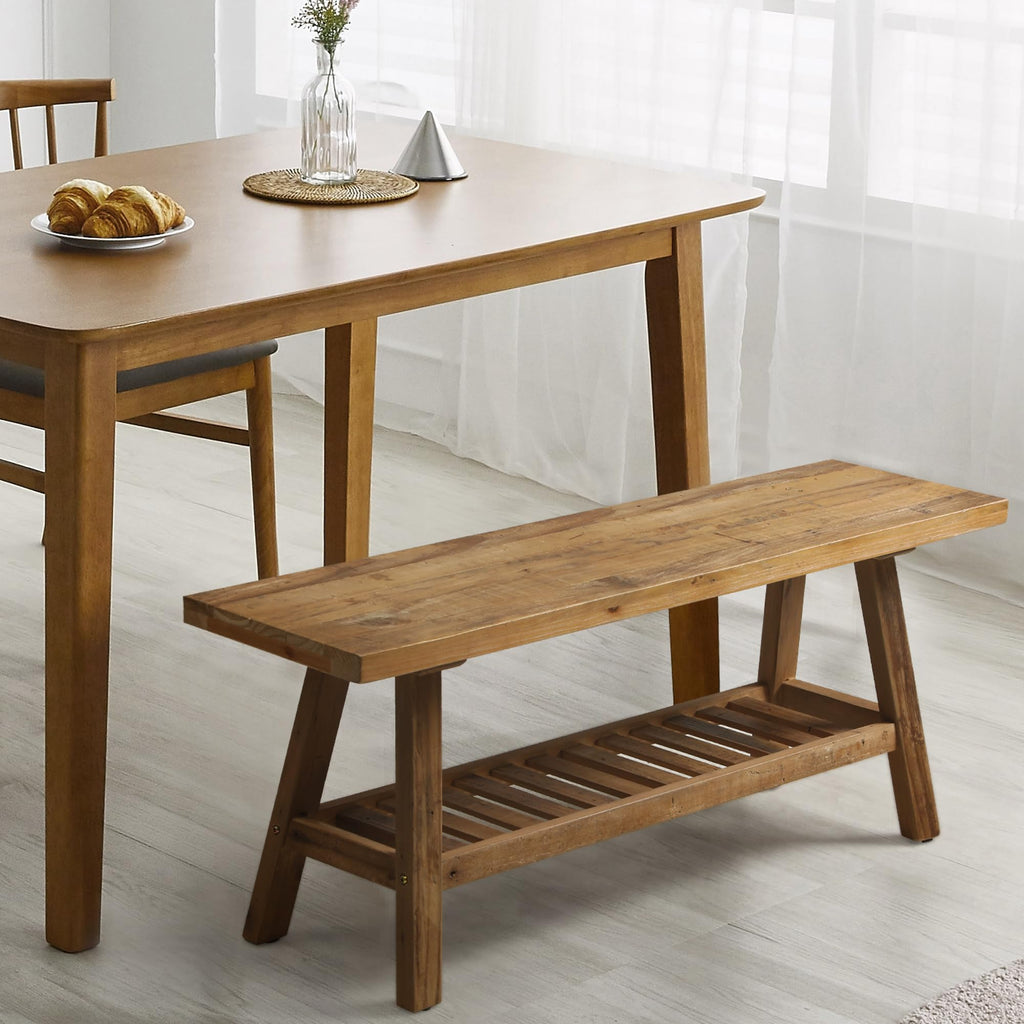 Reclaimed Solid Wood Bench-43.3" Entryway Bench with Storage Shelf