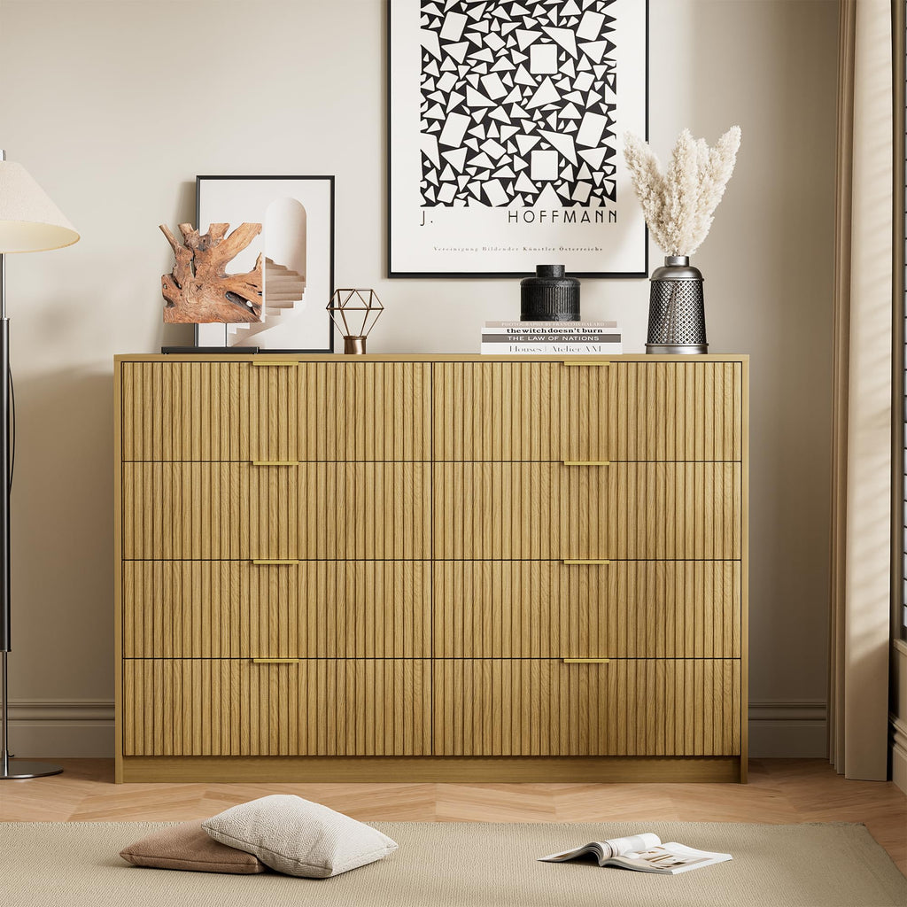 55" Wide Fluted Dresser with 8 Drawers, Natural Oak
