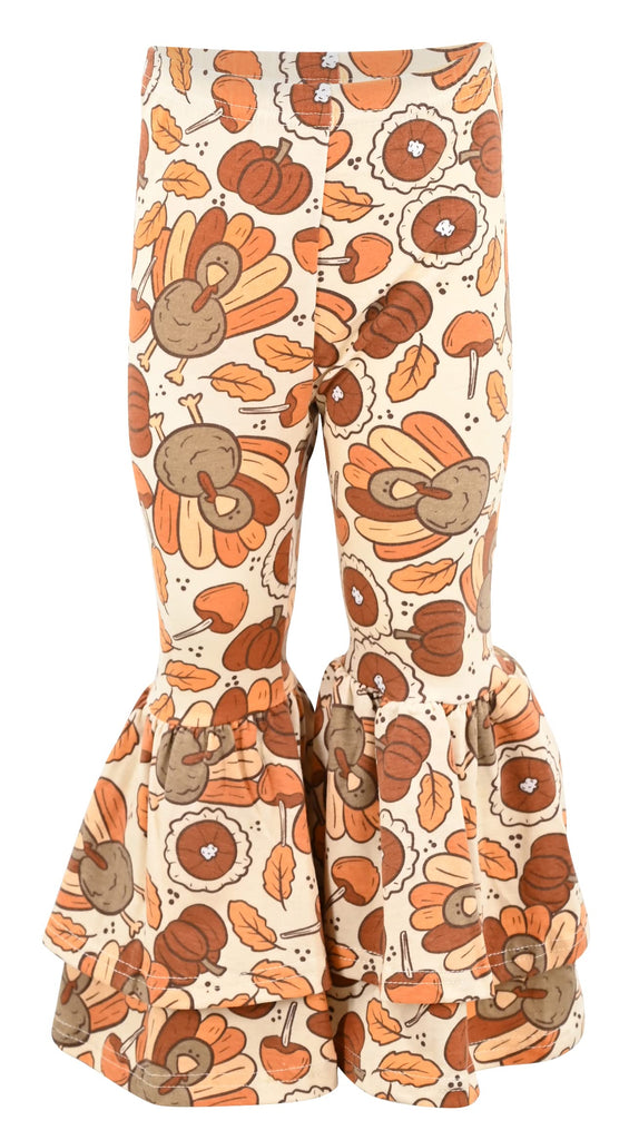 Girls 3 Piece Turkey Pie Thanksgiving Clothes Legging Outfit (, Brown)