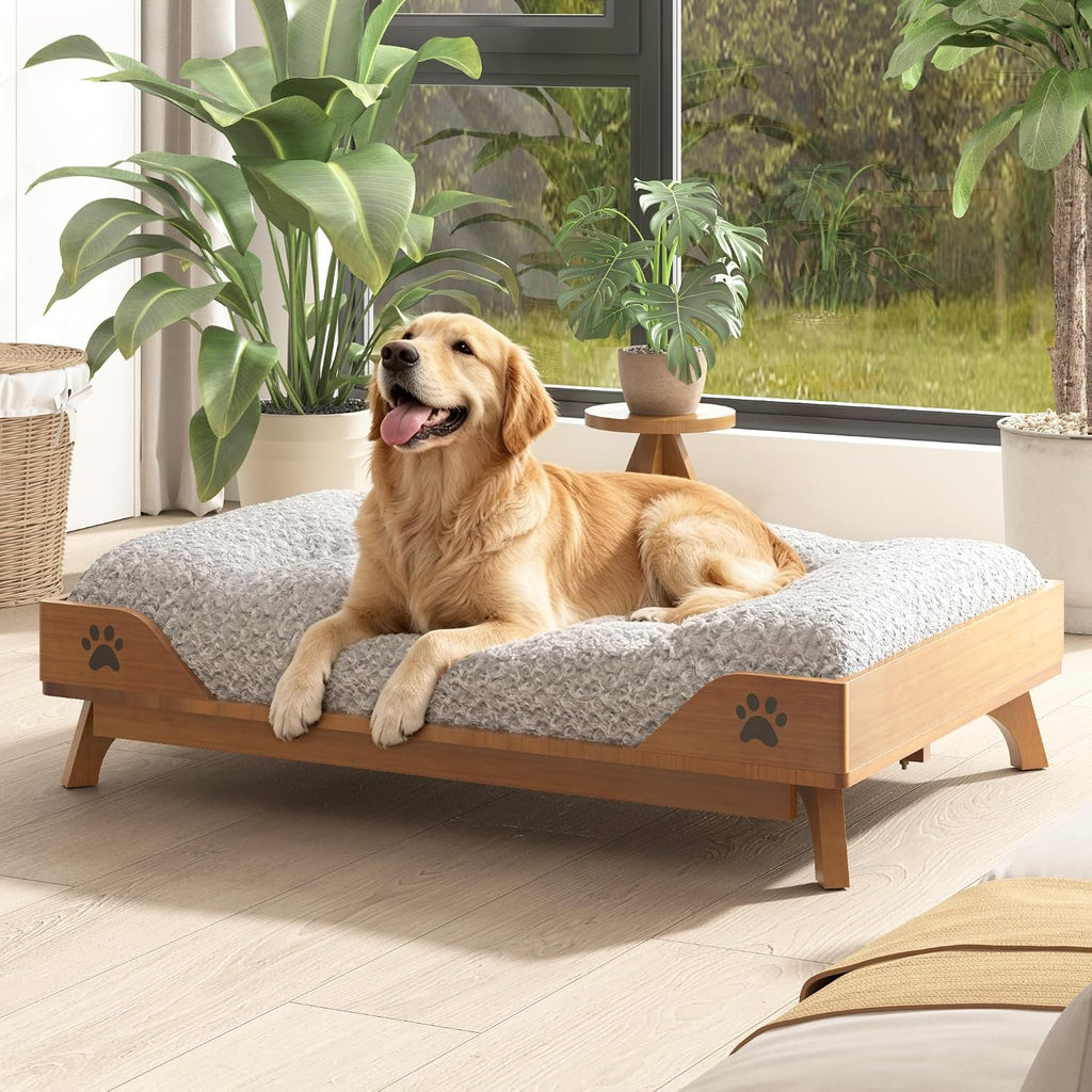 Elevated Dog Bed - Solid Wood Dog Bed Frame with Soft Cushion, Raised Dog Bed for Large Pets up to 150lbs