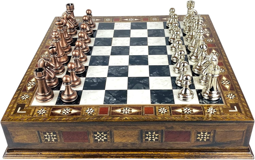 Premium Large Size Classic Chess Set with Metal Chessmen (Black Chess Board and Bronze&Silver Chess Pieces)