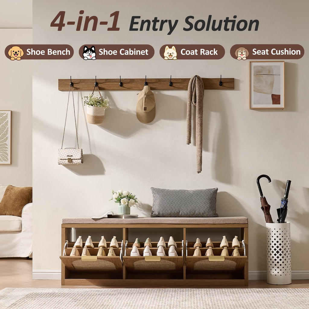 Rattan Narrow Entryway Bench with Shoe Storage, 3 Flip Drawers & Coat Rack, Mid-Century Modern Wood Shoe Cabinet with