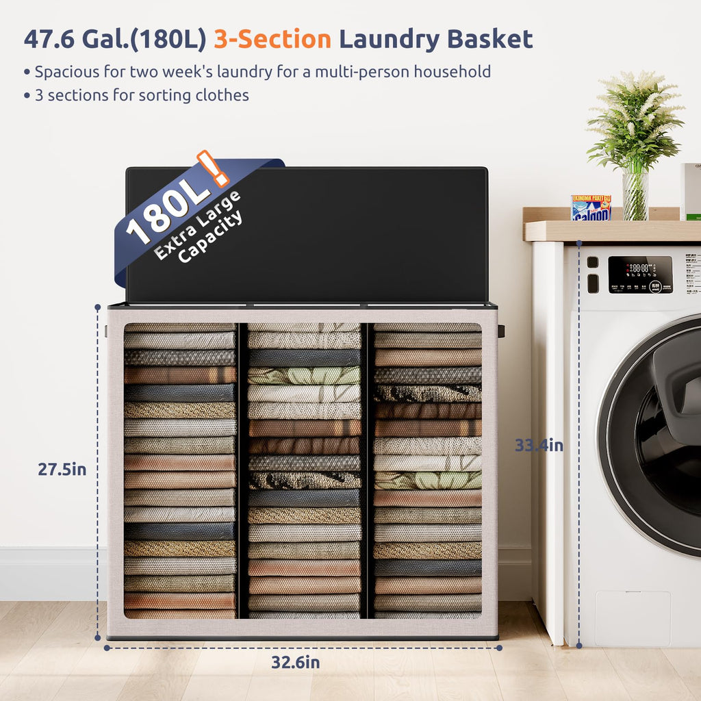 Large Laundry hamper 3 Section with Lid, 180L Laundry Basket