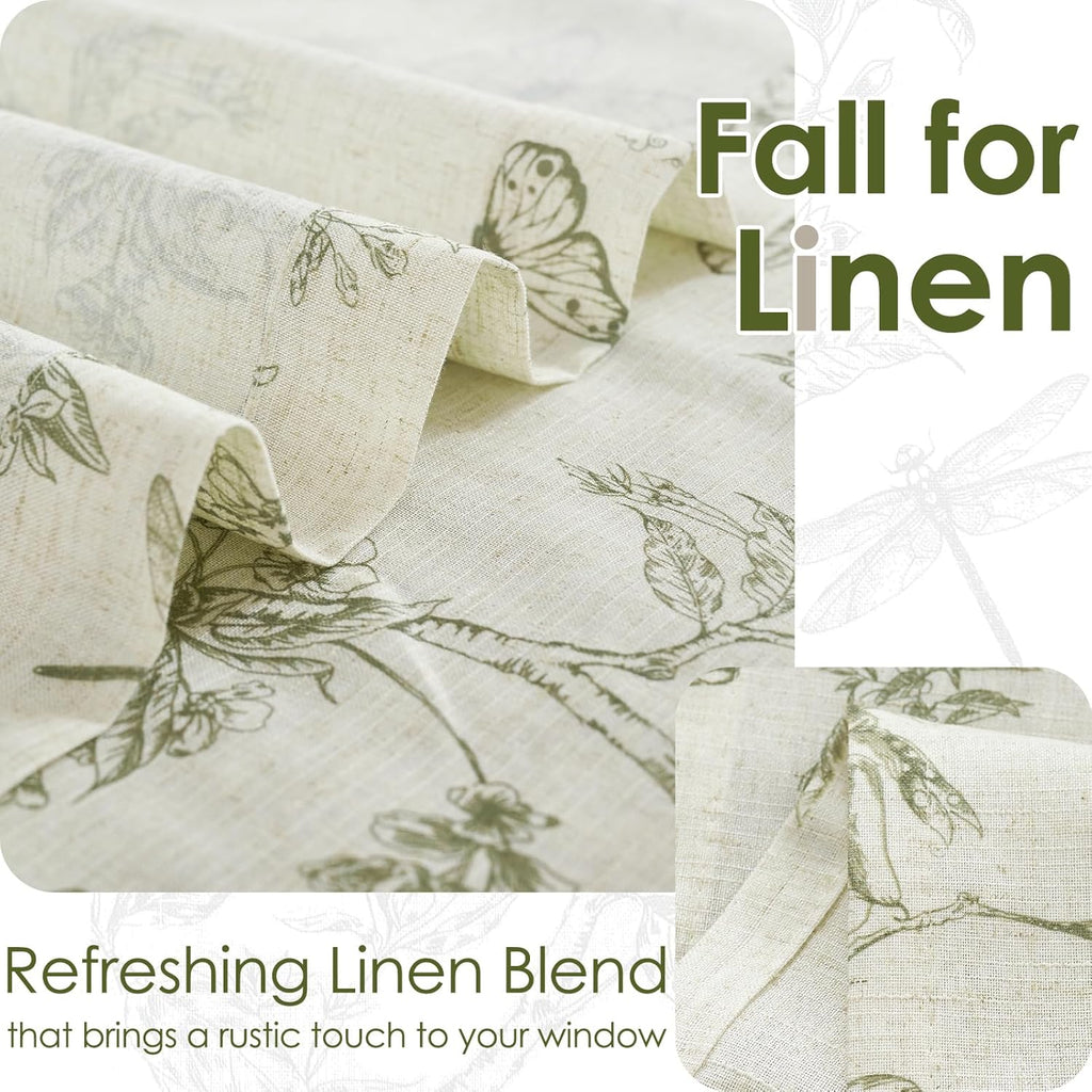 Green Floral Linen Kitchen Curtains 24 Inch Long, Linen Farmhouse Cafe Rustic Country Small Curtains Rod Pocket Tiers