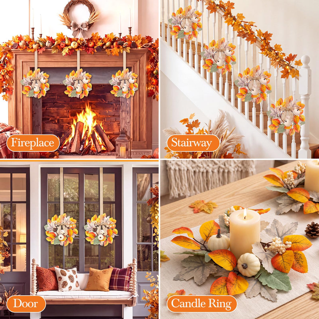 6 Pcs 9 Inch Mini Fall Wreaths with Bow Ribbon Cabinet