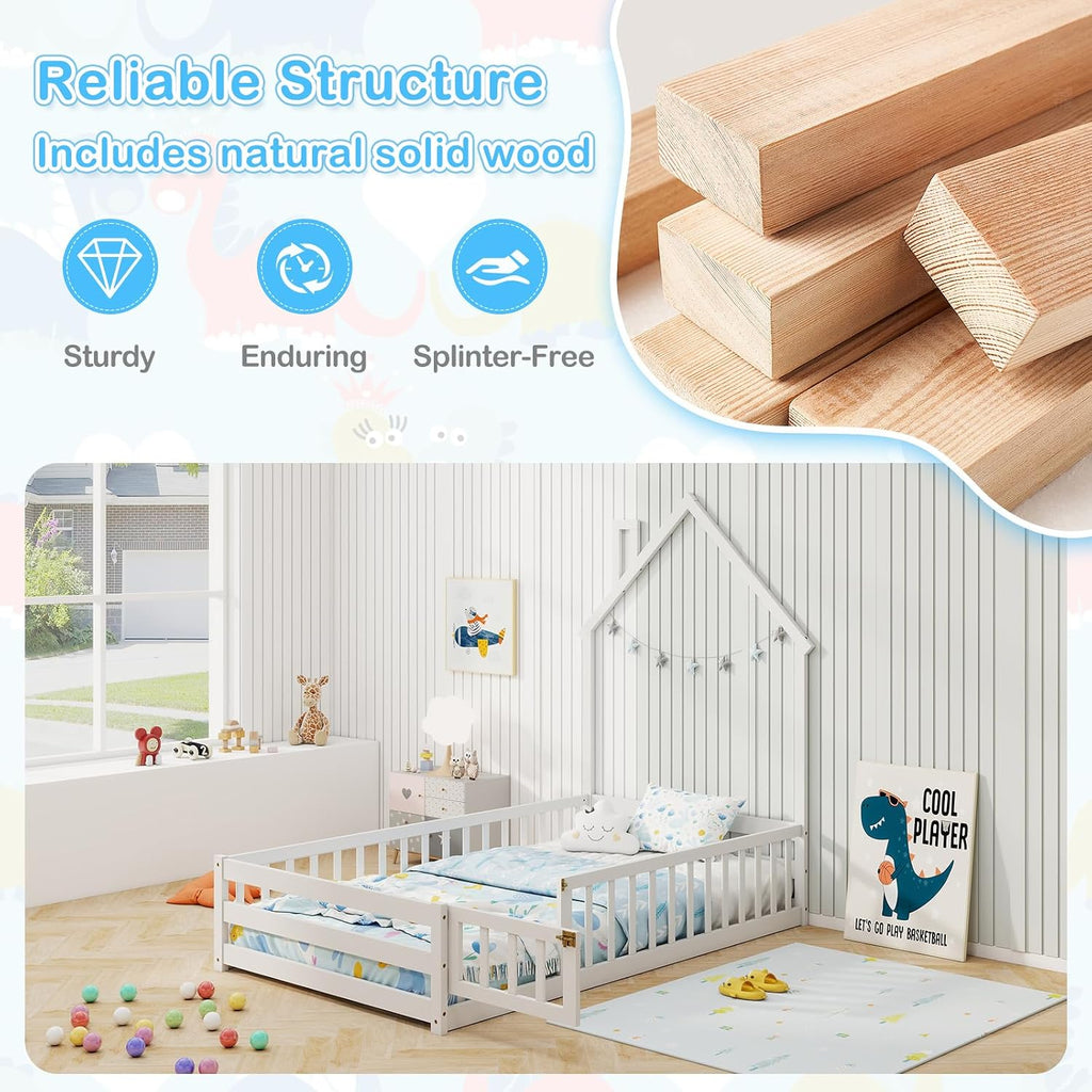 Floor Bed, House-Shaped Montessori Bed Frame with Headboard, Full-Length Guardrail, Chimney & Solid Wood