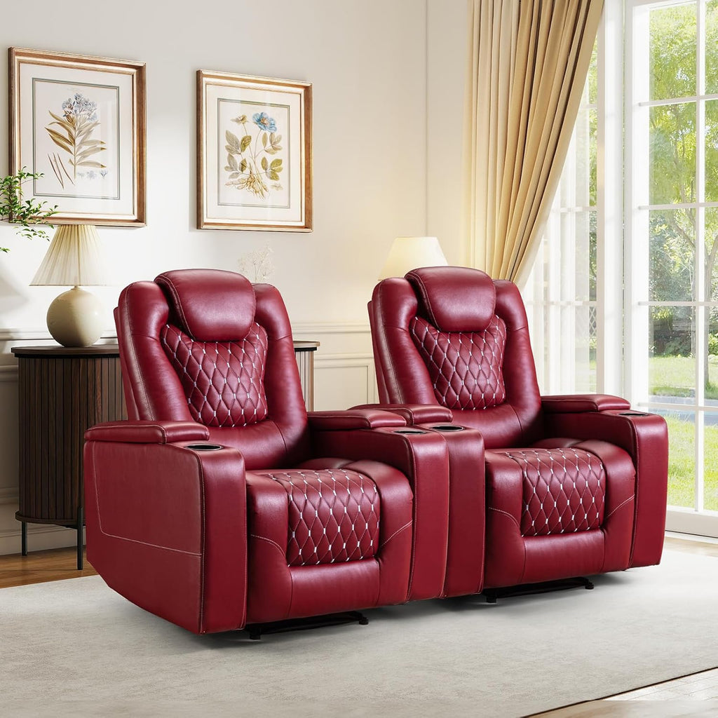Power Recliner Chair with USB Ports and Cup Holders - Overstuffed Electric Home Theater Seating PU Leather Reclining Furniture with Hidden Arm Storage, Easy to Clean (Set of 2, Red) A120-B0D267JMF6