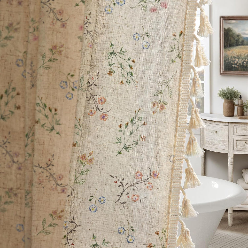 Floral Farmhouse Vintage Linen Shower Curtain, French Country Spring Shower Curtains with Tassels, 72Wx72H