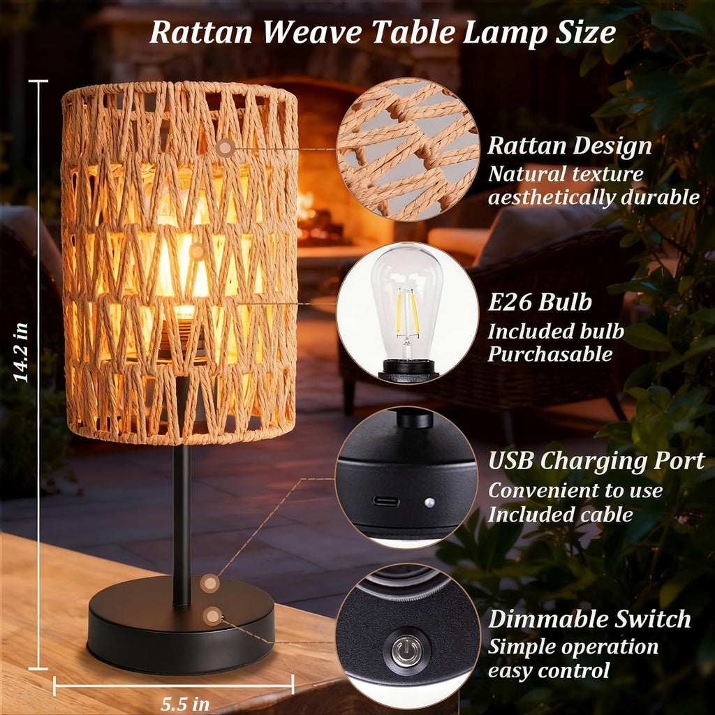 Rechargeable Outdoor Table Lamps, Rattan Boho Cordless Battery Operated Table Lamps, Patio Lamp, Balcony, Bedside
