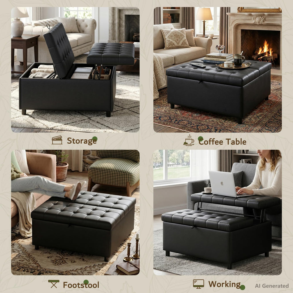 Black Leather 36 Inch Extra Large Lift Top Living Room Storage Ottoman