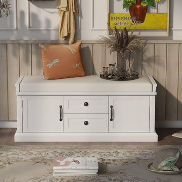 Rustic Storage Bench with 4 Doors 2 Draws Adjustable Shelves Removable Cushion Rectangular Cabinet Foot Rest Stool