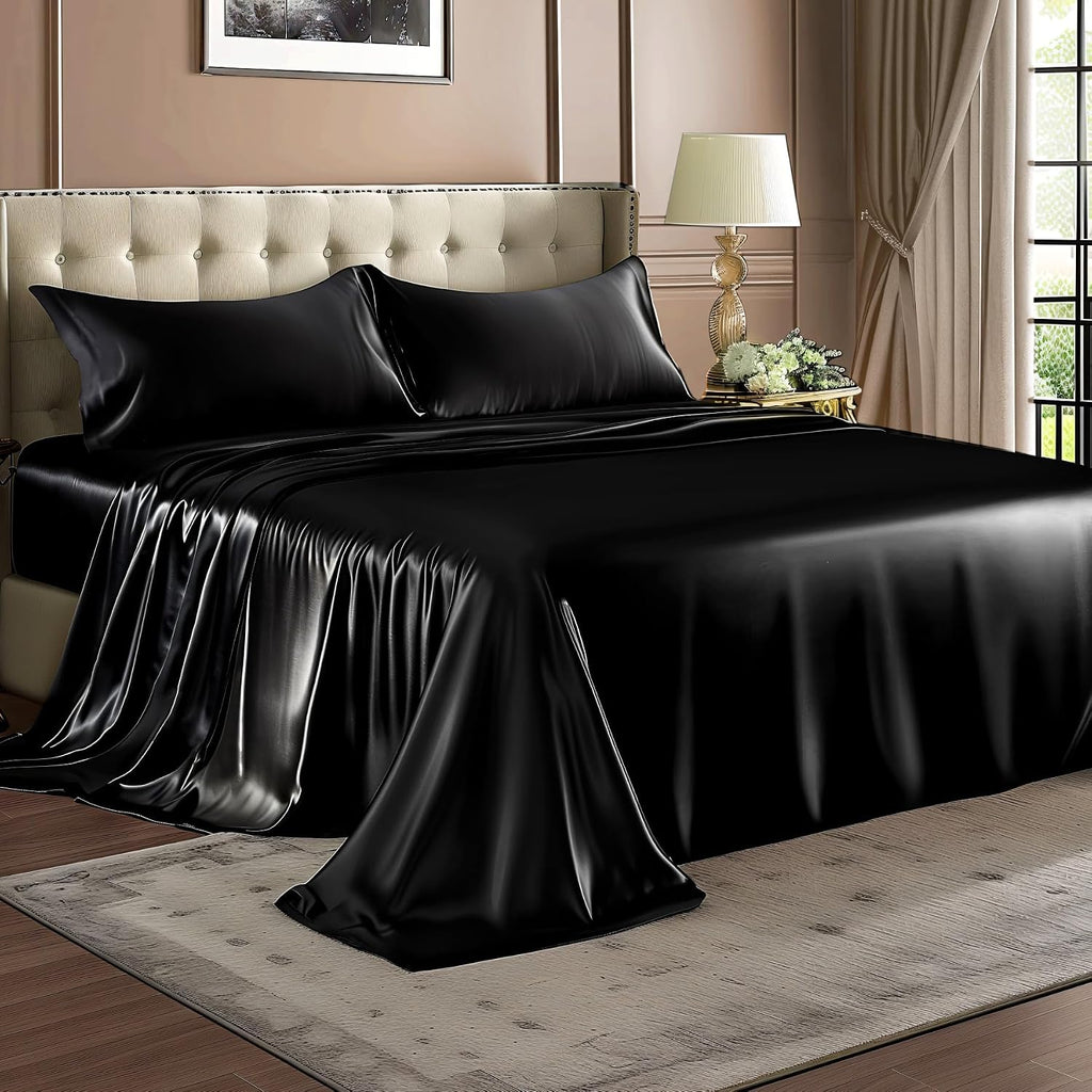 Satin Sheets Queen Bed Set, Luxury Soft Black Silky Sheets for Hair and Skin, Similar to Silk Bed Sheets Set 4 Pieces