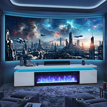 For 100" TV, 90" LED TV Stand with 50" Electric Fireplace & Power Outlet, High Gloss Surface, 2 Storage Cabinet