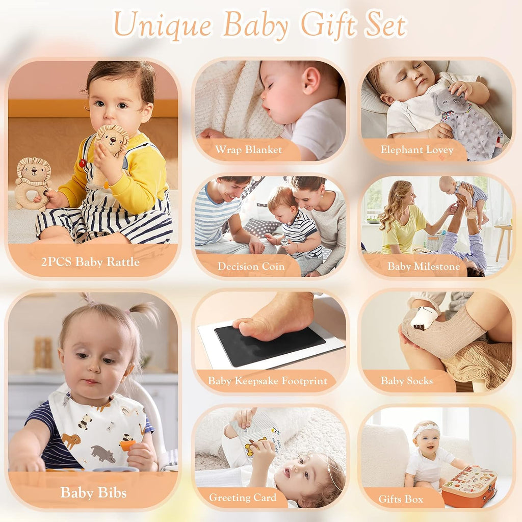 Baby Gift Set for Newborn - 11PCS Baby Shower Gifts Basket with Baby Blanket Baby Rattle, Wooden Keepsake Milestone