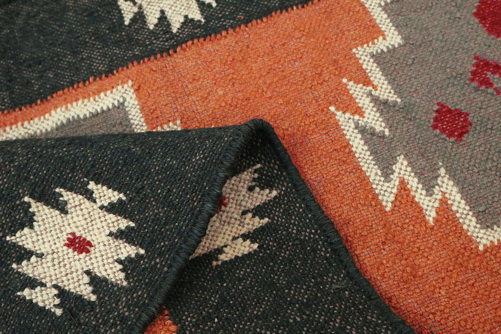 Kilim Runner 2x6 Reversible Southwestern Wool Jute Runner Geometric Design Brown Black Flatweave Carpet Thick 0.19"