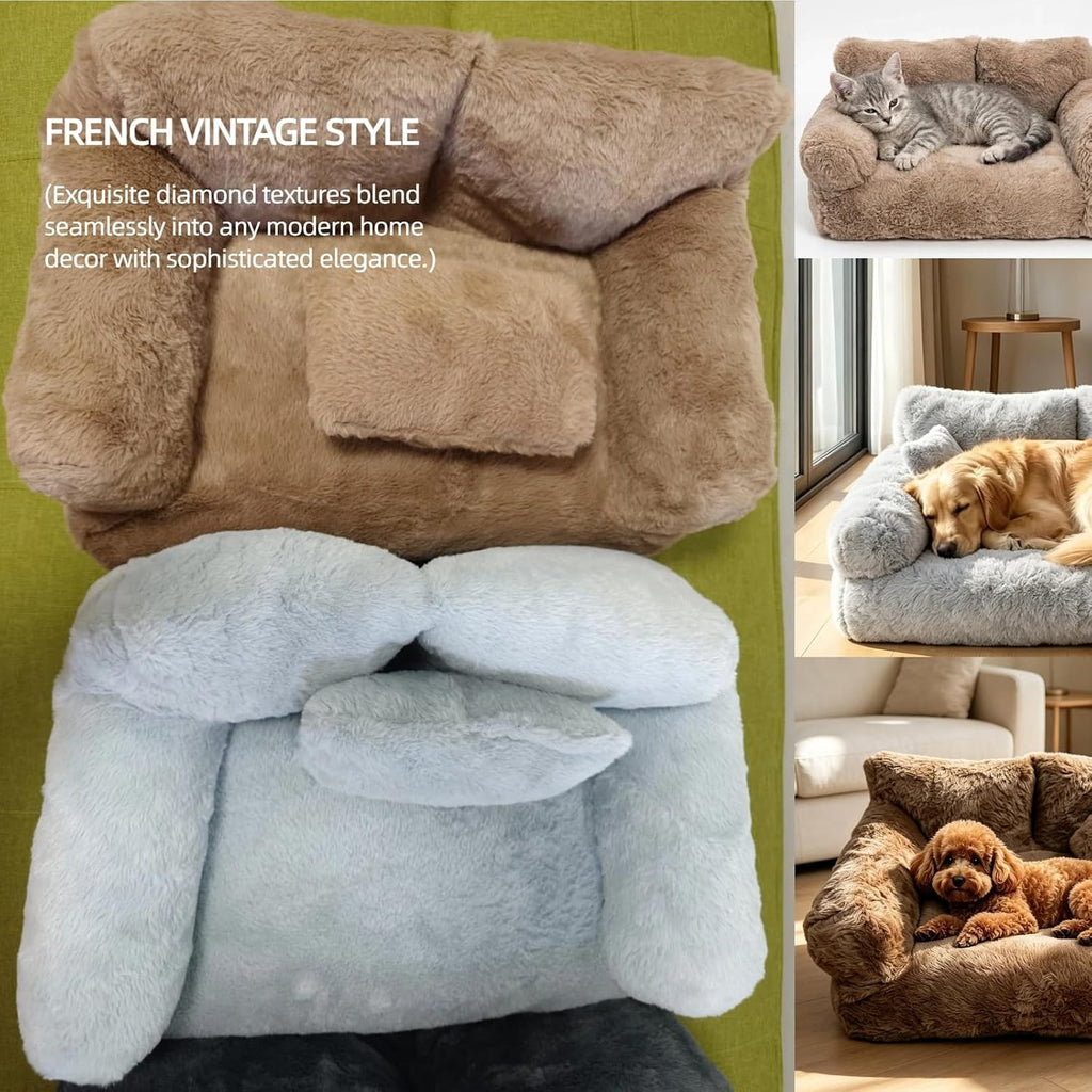 Plush Calming Pet Sofa Bed Fluffy Dog Cat Couch Washable (Khaki, X-Large)
