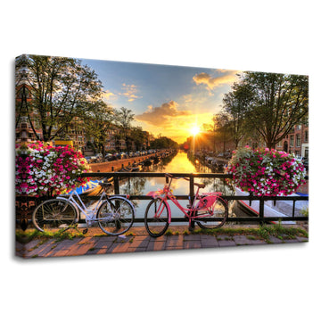 Flowers Bicycles Wall Decor Bedroom Office Sunrise over Amsterdam Canvas Prints Painting Home Decor Cityscape Modern