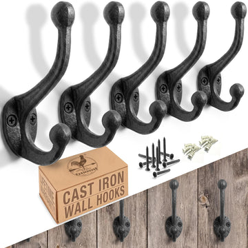 Rustic Cast Iron Coat Hooks (5 Pack) Wall Mounted Farmhouse Decorative Wall Hooks, Vintage Hooks for Hanging Coats