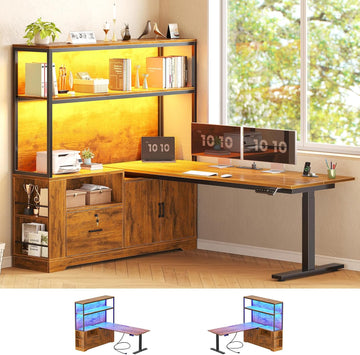 57" L Shaped Standing Desk, Sit Stand Office Desk with Storage Hutch | Rustic Brown Reversible Stand Up Corner Gaming