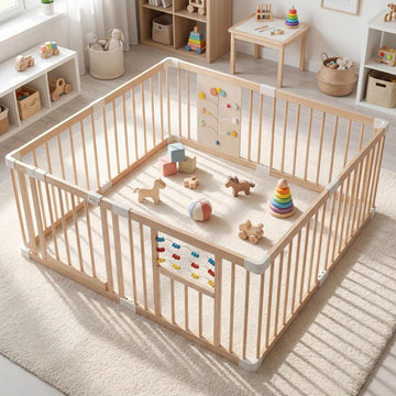 Wooden Baby Playpen with Adjustable Size & Shape, 8 Panels, Child Proof Lock, Easy to Assemble, 63" x 63" Portable