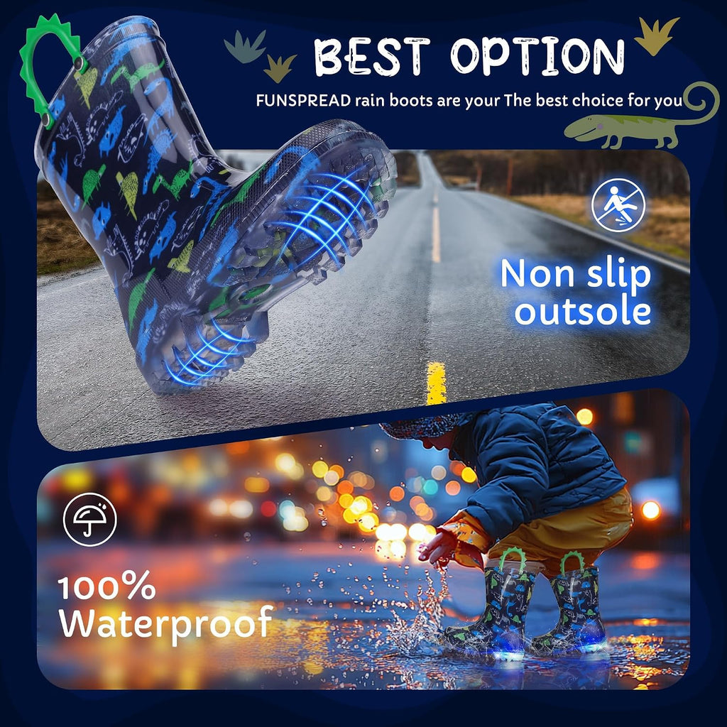 Toddler Kids Rain Boots - Light Up Boys Rainboots Boots Waterproof Lightweight Outdoor Shoes with Easy-On Handles